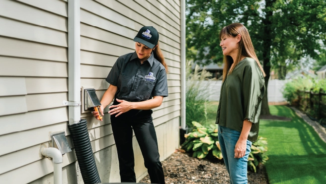 A service professional at Dryer Vent Wizard takes reading from exterior dryer vent while speaking to homeowner.