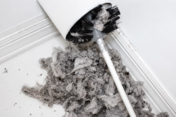 A cleaning brush covered in a large clump of dust and lint.